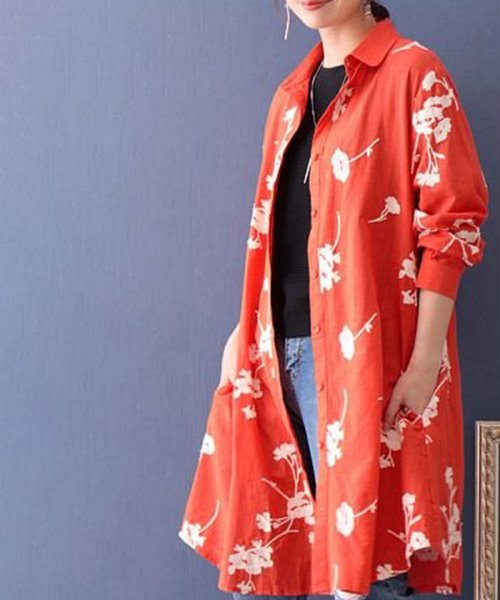 Sawa a la mode(サワアラモード)/舞い散る草花刺繍のコットンシャツチュニック/オレンジ