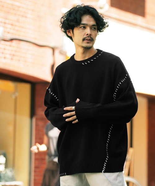 セール ハンドステッチ クルーネック セーター ニット セーター メンズ クルーネック ケーブル トップス ビッグシルエット オーバーサイズ ジギーズショップ Jiggys Shop Magaseek