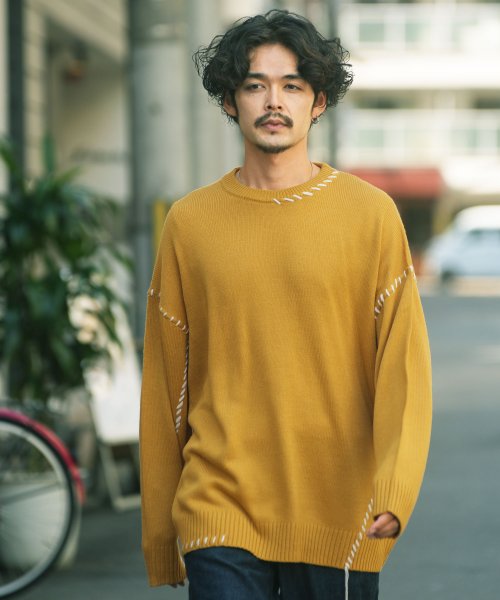 ハンドステッチ クルーネック セーター ニット セーター メンズ クルーネック ケーブル トップス ビッグシルエット オーバーサイズ ジギーズショップ Jiggys Shop Magaseek