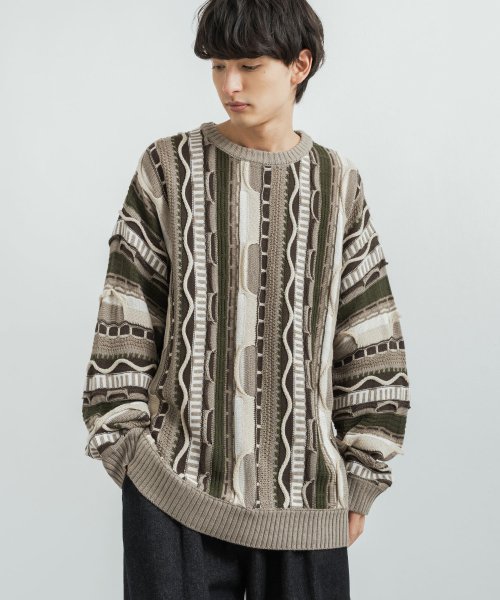 長袖ニット セーター オーバーサイズ メンズ レディース ジャガード ヴィンテージ ビッグシルエット カジュアル ルーズ クルーネック アクリル ペア 抜け感 ロッキーモンロー Rocky Monroe Magaseek