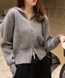 Amulet/ダブルジップニットパーカー レディース トップス 長袖 秋服 冬服 フード 無地 ショート丈 10代 20代 30代 韓国ファッション 韓国 ストリート/504987469