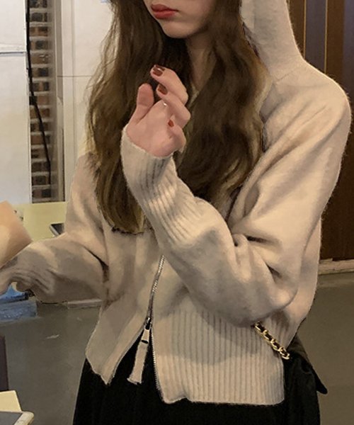 セール ダブルジップニットパーカー レディース トップス 長袖 秋服 冬服 フード 無地 ショート丈 10代 代 30代 韓国ファッション 韓国 ストリート アミュレット Amulet Magaseek