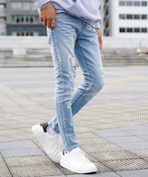 セール ダメージスキニーデニムパンツ デニム ジーンズ メンズ パンツ ボトムス クラッシュ ダメージ 加工 ユーズド スキニー ジギーズショップ Jiggys Shop Magaseek