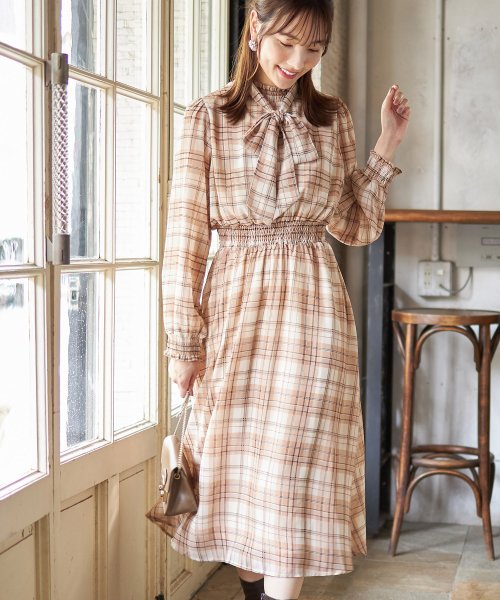 取り外し可能なボウタイリボン付きシアーチェックワンピース トッコクローゼット Tocco Closet Magaseek