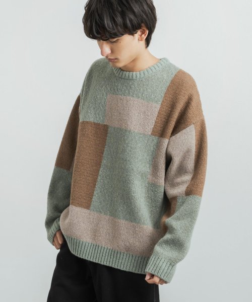 ニット セーター 総柄 ブロッキング メンズ レディース クルーネック ビッグシルエット オーバーサイズ ルーズ カジュアル きれいめ ゆったり 抜け感 あった ロッキーモンロー Rocky Monroe Magaseek