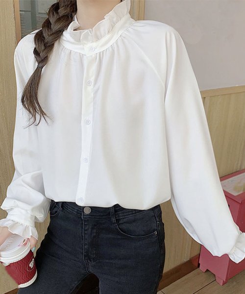 セール ブラウス シャツ フリル 大きめ レディース 長袖 白ブラウス フレアネック フリル トップス オフィス 着痩せトップス韓国ファッション セイヘイショップ Seiheishop Magaseek