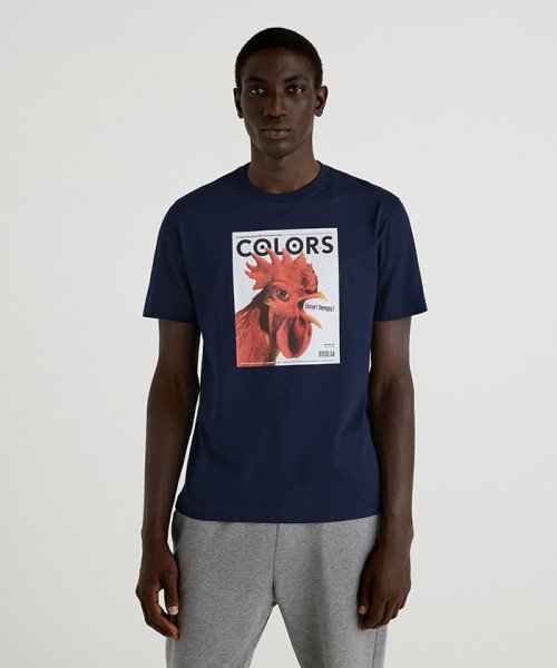 BENETTON (mens)(ベネトン（メンズ）)/コットンフロントプリント半袖Tシャツ・カットソー/ネイビー