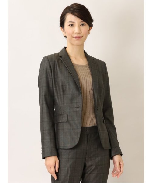 セール】ウール混チェック柄 1ボタンジャケット 茶 レディース  
