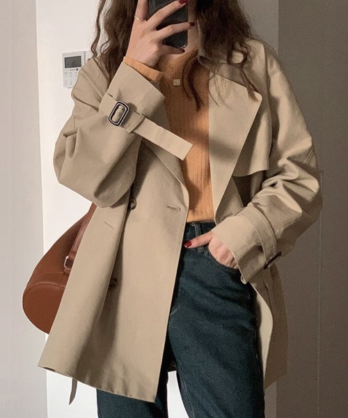 セール ハーフトレンチコート レディース アウター 長袖 秋服 冬服 10代 代 30代 韓国ファッション 韓国 オフィス 通勤 大人 キレイめ シンプル アミュレット Amulet Magaseek