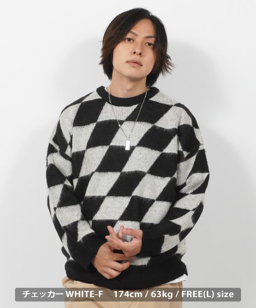 1111clothing(ワンフォークロージング)/モヘア ニット メンズ  セーター レディース オーバーサイズ クルーネックニット ビッグシルエット トップス 長袖 暖かい 軽い 総柄 チェック ゼブラ アー/ホワイト系3