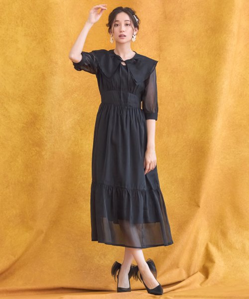 DRESS+(ドレス プラス)/ワンピース シアー素材 ケープ付き ミモレ丈 /ブラック