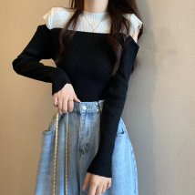 miniministore(ミニミニストア)/肩あきニットトップス バイカラー大人秋服/ブラック