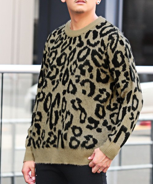 ヒョウ柄bigクルーネックニット ニット メンズ セーター モヘアライク 豹柄 レオパード 総柄 ラグスタイル Luxstyle Magaseek