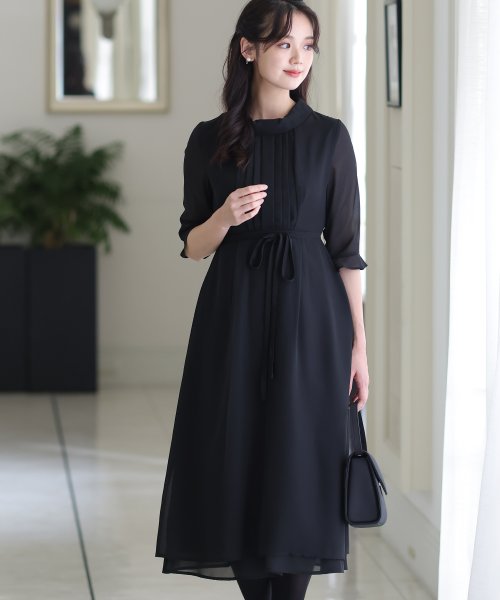 フロントタックウエストリボンブラックワンピース 