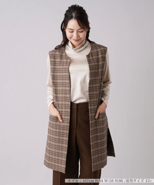 チェック柄キーネックロングベスト 