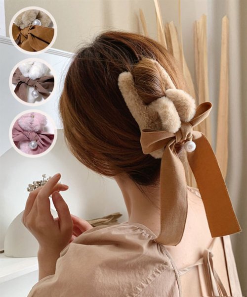 セール ヘアクリップ もこもこ リボン ヘア留め ヘアアクセサリー フェイクファーリボン付きバンスクリップ 髪飾り セイヘイショップ Seiheishop Magaseek