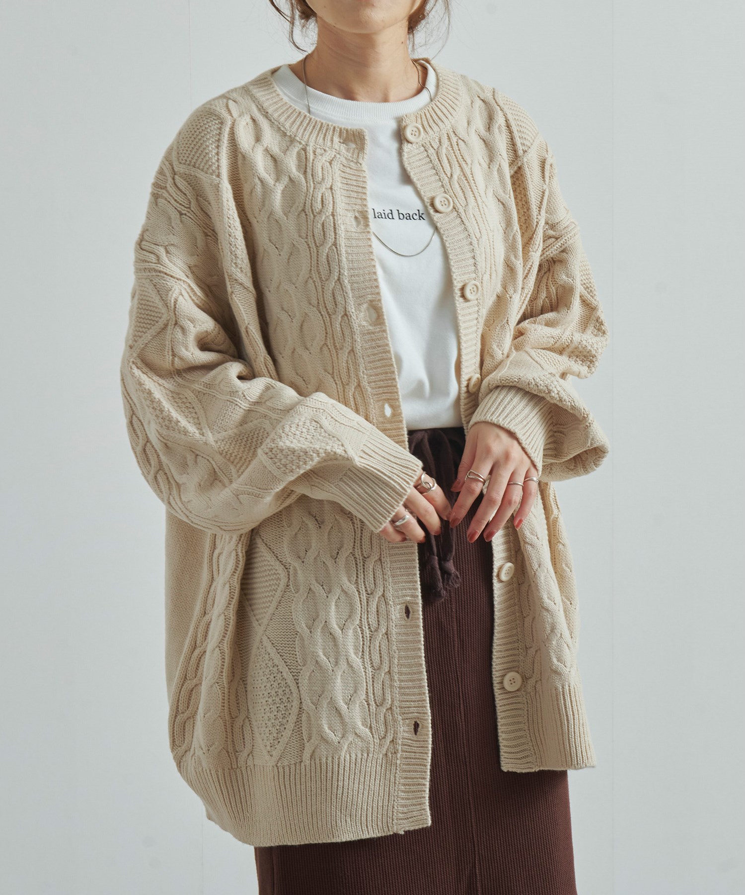 一点物♢ ハンドメイド ケーブル編み チュニック ロング カーディガン ネイビー