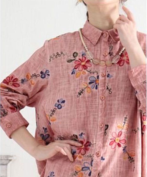 Sawa a la mode(サワアラモード)/映える花刺繍のコットンシャツブラウス/ピンク
