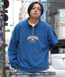 1111clothing(ワンフォークロージング)/ハーフジップ メンズ ハーフジップ トレーナー レディース オーバーサイズ トップス 長袖 ビッグシルエット ワッペン 刺繍 アップリケ ダブルフェイス ニット/ネイビー