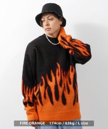 1111clothing(ワンフォークロージング)/モヘア ニット メンズ セーター レディース ビッグニット 長袖 オーバーサイズ クルーニット ビッグシルエット 総柄 大きいサイズ 韓国ファッション 秋 秋服/オレンジ