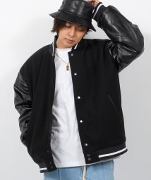 1111clothing(ワンフォークロージング)/◆ テックウール 袖PU バーシティージャケット◆ スタジャン メンズ ジャケット レディース オーバーサイズ ブルゾン スタジアムジャンパー ビッグシルエット/ブラック系1