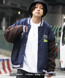 1111clothing(ワンフォークロージング)/中綿 スタジャン メンズ スタジアムジャンパー レディース オーバーサイズ ブルゾン ビッグシルエット ジャケット  防寒 ワッペン 刺繍 バーシティージャケッ/ネイビー