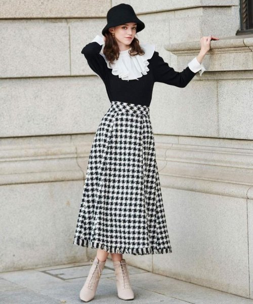 ブロックチェックツイード裾フリンジスカート(505027909) | アンド  