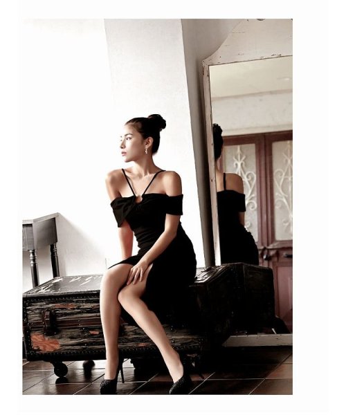 Rew-You(リューユ)/DaysPiece 膝丈 韓国 キャバドレス パーティードレス 袖付きドレス/ブラック