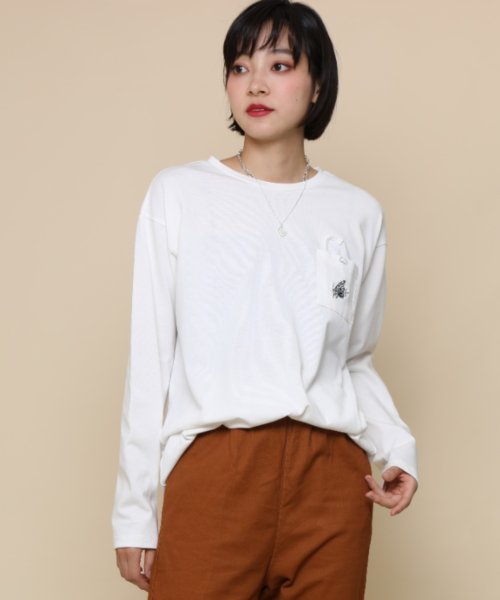 aimoha(aimoha（アイモハ）)/【genxder】ユニセックス　オリジナル蝶々刺繍ポケットロングTシャツ/ホワイト
