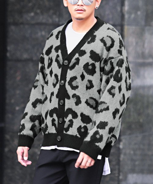 起毛レオパード柄vネックカーディガン カーディガン メンズ Vネック 起毛 レオパード 豹柄 総柄 ラグスタイル Luxstyle Magaseek