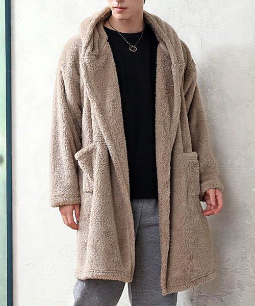 セール カーディガン メンズ コーディガン パーカー ロング丈 ファー シャギーボア 無地 ワイドシルエット ドロップショルダー フード ガウン コート トップイズム Topism Magaseek