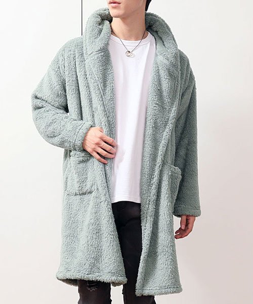 セール カーディガン メンズ コーディガン パーカー ロング丈 ファー シャギーボア 無地 ワイドシルエット ドロップショルダー フード ガウン コート トップイズム Topism Magaseek