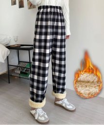 shoppinggo(ショッピングゴー)/チェック柄パンツ 裏起毛パンツ ワイドパンツレディース ストレート ウエストゴム パンツ ズボン ゆったり リラックスパンツ ボトムス ガウチョパンツ シンプル/ホワイト