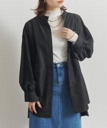 Fizz(フィズ)/撥水加工タフタ　袖口リボンオーバーサイズシャツ　ロング/ブラック