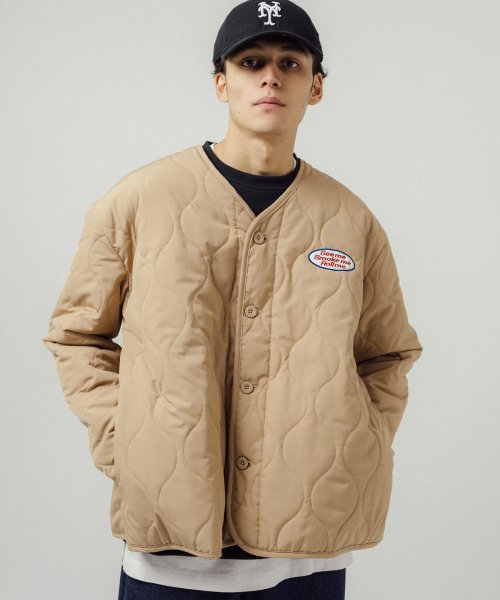 キルティングジャケット 刺繍 メンズ レディース ライトアウター キルト ビッグシルエット オーバーサイズ ドロップショルダー ワッペン ロゴ ゆったり ノーカ ロッキーモンロー Rocky Monroe Magaseek