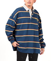 LUXSTYLE(ラグスタイル)/マルチボーダーラガーシャツ/ラガーシャツ メンズ 長袖 ポロシャツ ボーダー ロゴ 刺繍/ブルー