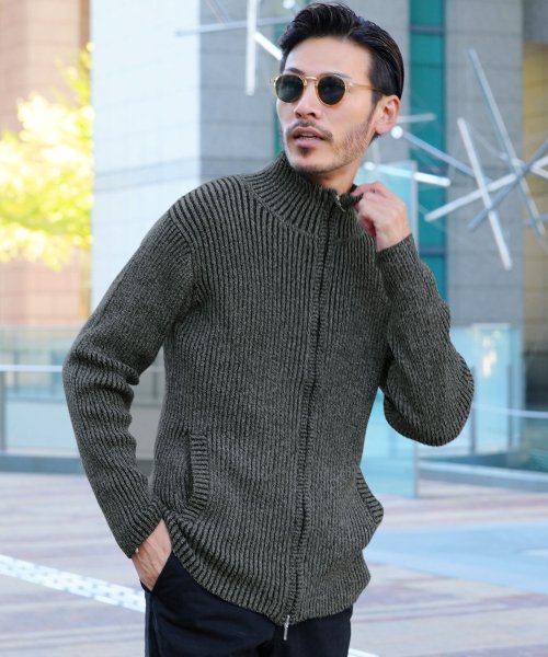 二重臼風zipアップニット ニット セーター メンズ スタンドカラー トップス モックネック ハイネック ジップ ジップアップ ジギーズショップ Jiggys Shop Magaseek