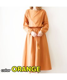 MOWMOW FASHION(マウマウ ファッション)/レディース 長袖 ワンピース ドレス ワンピ ふんわり スカート 大人っぽい 無地 かわいい おしゃれ/オレンジ