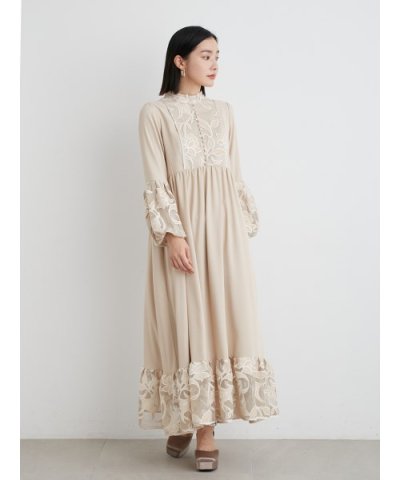 velor刺繍スイッチングバルーンドレス