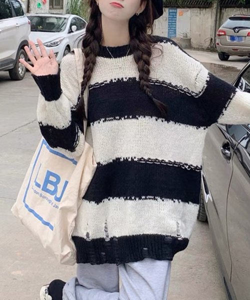 セール ダメージ加工ニット レディース トップス 長袖 ボーダー柄 秋服 冬服 10代 代 30代 韓国ファッション 韓国 ストリート カジュアル アクセント アミュレット Amulet Magaseek