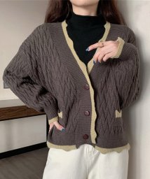 Amulet(アミュレット)/Vネックレトロカーディガン レディース トップス 長袖 秋服 冬服 10代 20代 30代 韓国ファッション 韓国 オフィスカジュアル バイカラー 編み柄/ダークブラウン