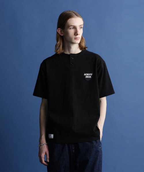 Schott(ショット)/S/S HENLEY NECK T－SHIRT "EMBROIDERED  PERFECTO" /ヘンリーネック  パーフェクト刺繍Tシャツ/ブラック