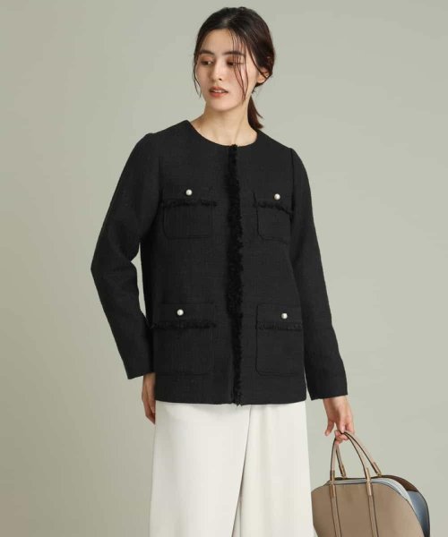 パール調ボタンツイードミドルジャケット 