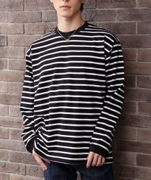 TopIsm(トップイズム)/ロングTシャツ メンズ 長袖 Tシャツ ワイドシルエット ヘビーウェイト 綿100％ コットン天竺 クルーネック 無地 ボーダー ロンT カットソー/ブラック系1