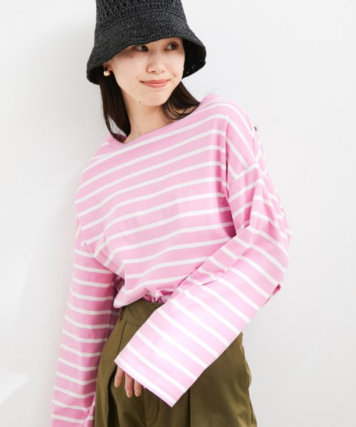 VIS(ビス)/【洗える】オーバーサイズボーダーロングTシャツ/ピンク系（65）