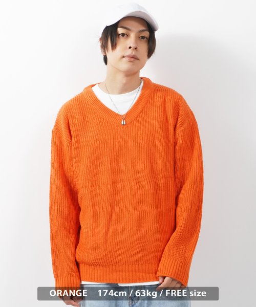 1111clothing(ワンフォークロージング)/Vネック ニット メンズ オーバーサイズ ニット レディース セーター プルオーバー 無地 長袖 トップス ビッグシルエット 大きいサイズ 韓国ファッション 春/オレンジ