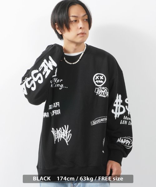 1111clothing(ワンフォークロージング)/オーバーサイズ トレーナー メンズ スウェット レディース ビッグトレーナー クルーネック ビッグシルエット 長袖 トップス イラスト グラフィティ 落書き/ブラック