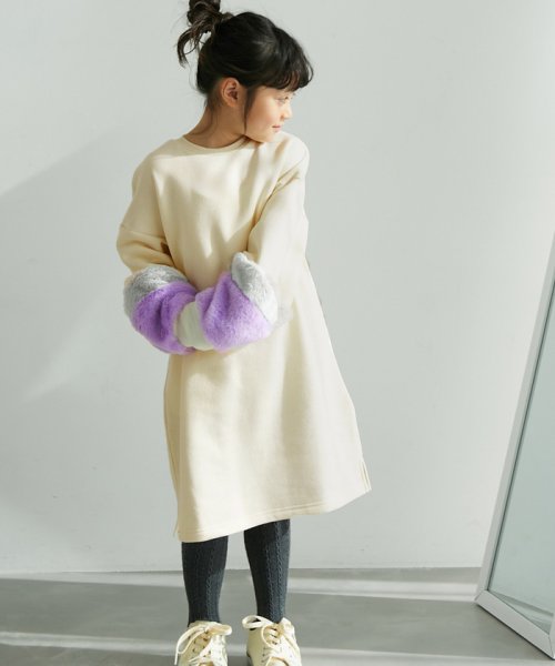 セール】【KIDS】裏起毛袖ファー切替ワンピース(505078181) ロぺピクニックキッズ(ROPE アプレレクール マフラー リボン ファー 100 110 120