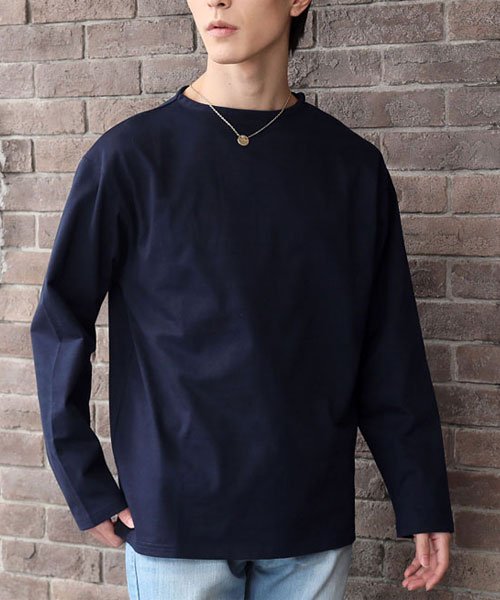 TopIsm(トップイズム)/ロングTシャツ メンズ 長袖 Tシャツ ワイドシルエット ヘビーウェイト 綿100％ コットン天竺 ボートネック 無地 ボーダー ロンT カットソー/ネイビー