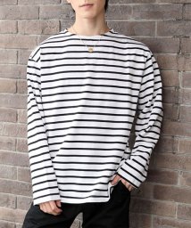 TopIsm(トップイズム)/ロングTシャツ メンズ 長袖 Tシャツ ワイドシルエット ヘビーウェイト 綿100％ コットン天竺 ボートネック 無地 ボーダー ロンT カットソー/ホワイト系2